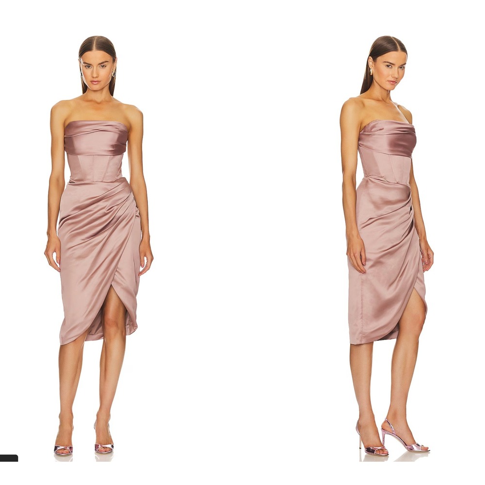 Bardot Jamila Corset Dress 12 Mauve Pink Satin Strapless‎ Draped Formal Coquette